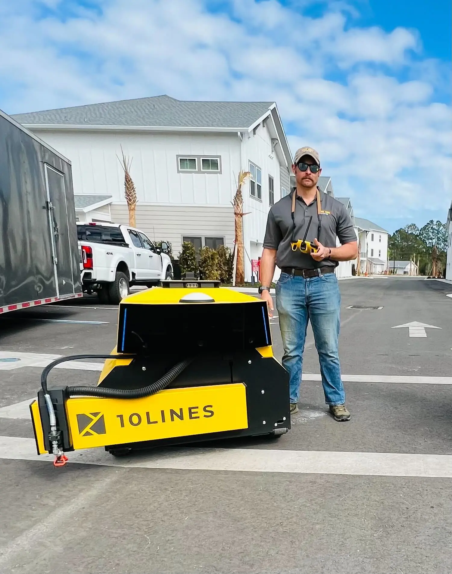 John Wood operating the 10LINES autonomous striping robot on a commercial parking lot in Greenville, SC